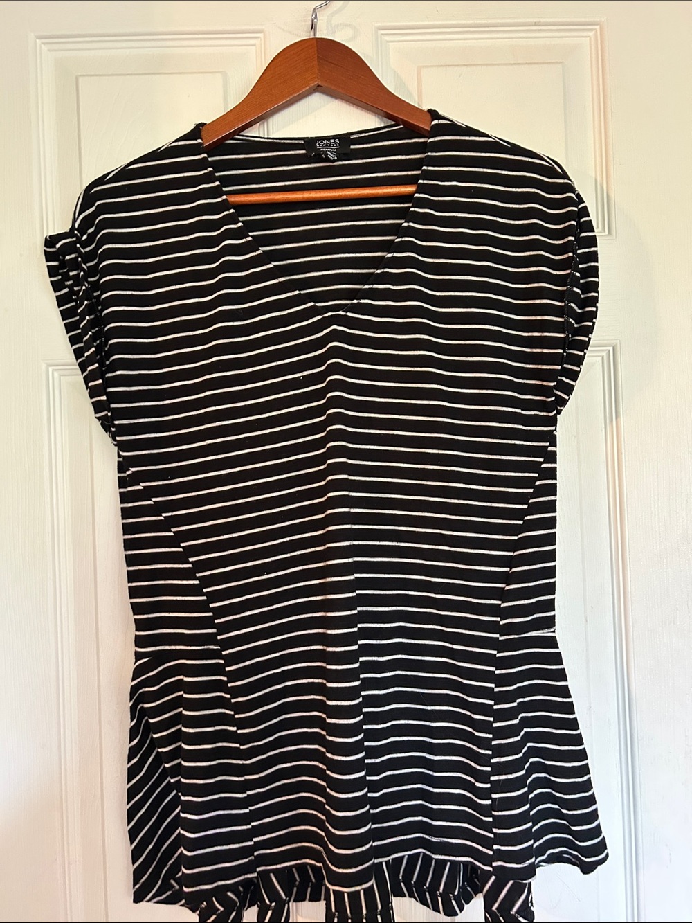 Jones New York Black and White Striped V-Neck Peplum Tunic